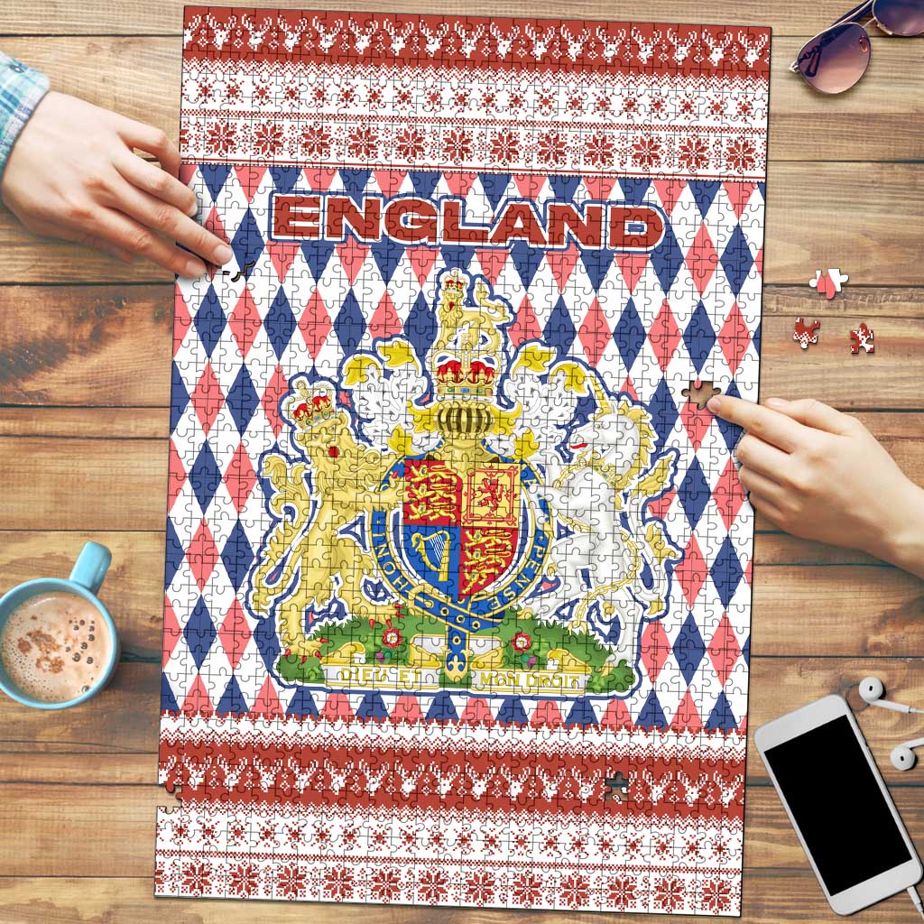 England Christmas Puzzle with Red Blue White Diamond Pattern Santa and Coat of Arms - Wonder Print Shop