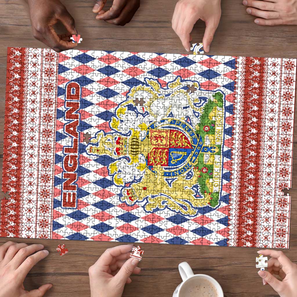England Christmas Puzzle with Red Blue White Diamond Pattern Santa and Coat of Arms - Wonder Print Shop