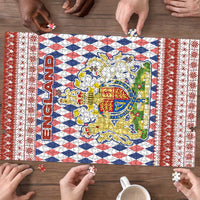 England Christmas Puzzle with Red Blue White Diamond Pattern Santa and Coat of Arms - Wonder Print Shop