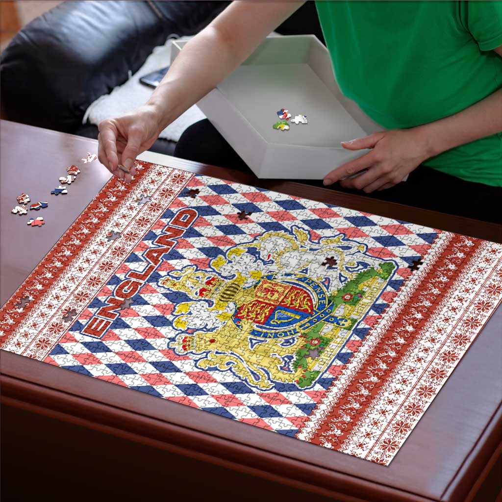 England Christmas Puzzle with Red Blue White Diamond Pattern Santa and Coat of Arms - Wonder Print Shop