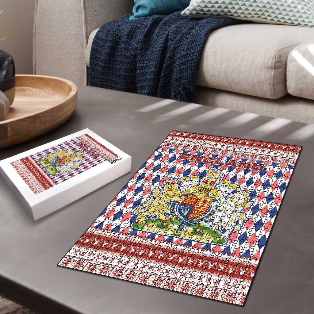 England Christmas Puzzle with Red Blue White Diamond Pattern Santa and Coat of Arms - Wonder Print Shop