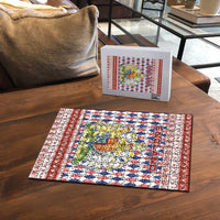 England Christmas Puzzle with Red Blue White Diamond Pattern Santa and Coat of Arms - Wonder Print Shop