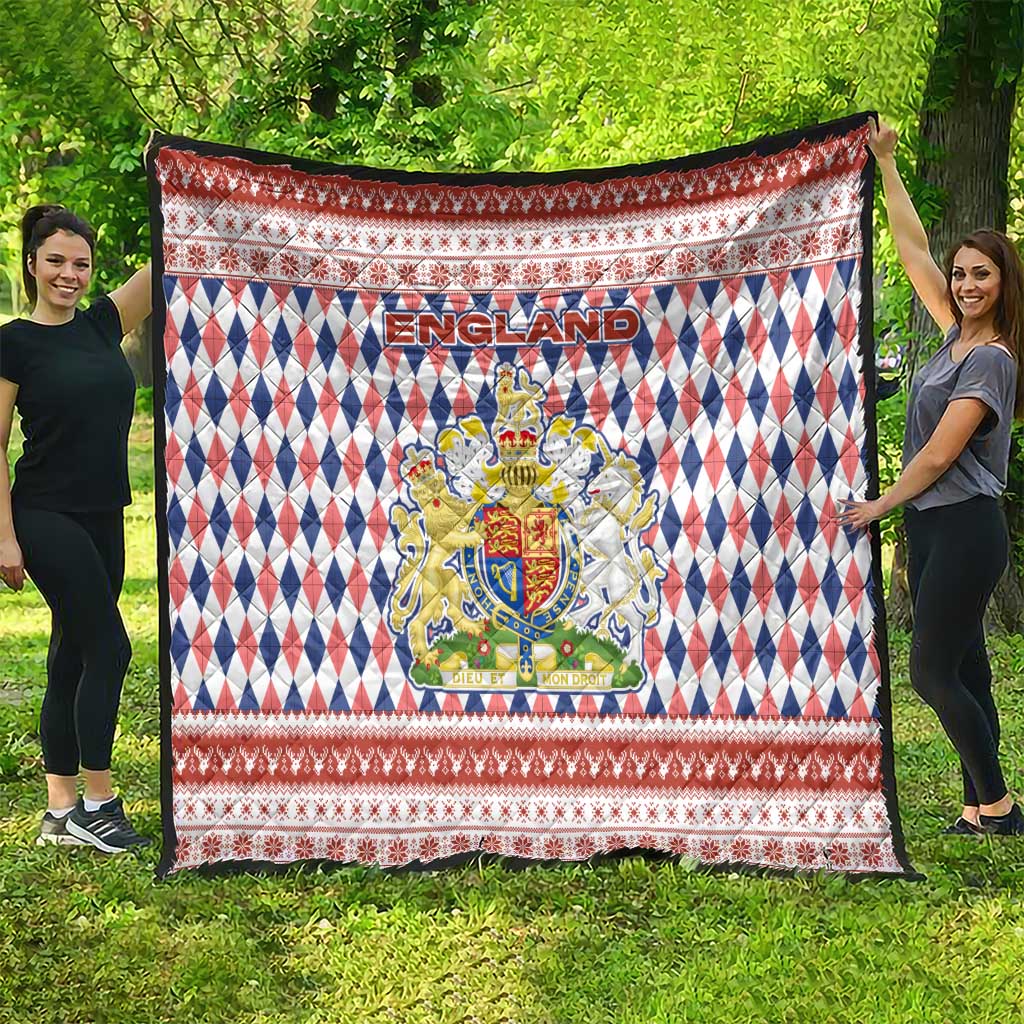 England Christmas Quilt with Red Blue White Diamond Pattern Santa and Coat of Arms - Wonder Print Shop