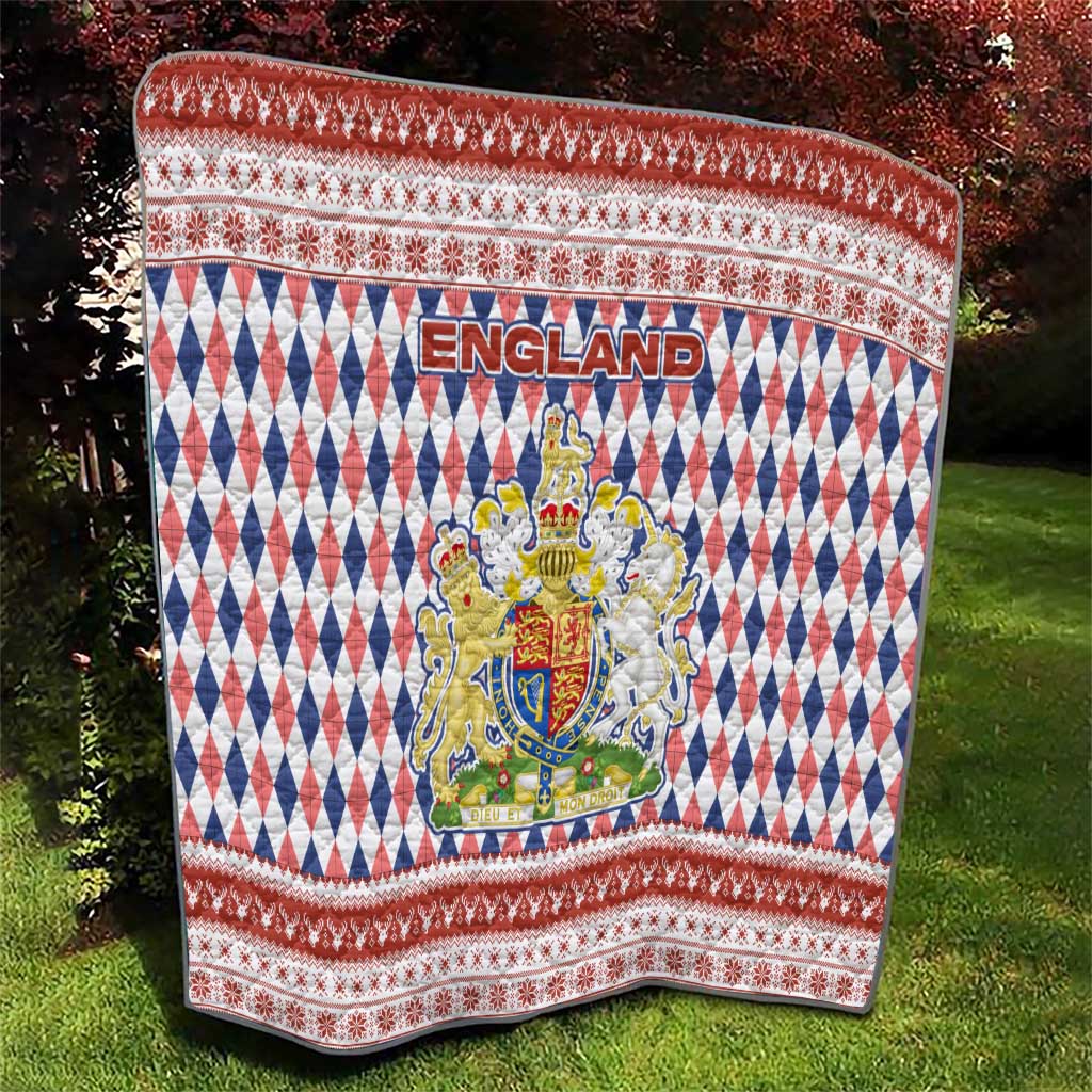 England Christmas Quilt with Red Blue White Diamond Pattern Santa and Coat of Arms - Wonder Print Shop
