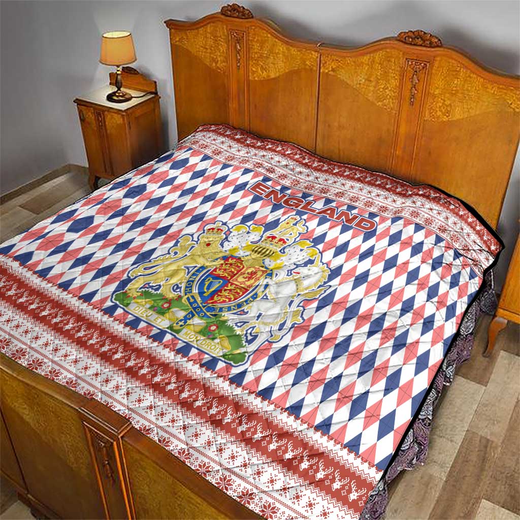 England Christmas Quilt with Red Blue White Diamond Pattern Santa and Coat of Arms - Wonder Print Shop
