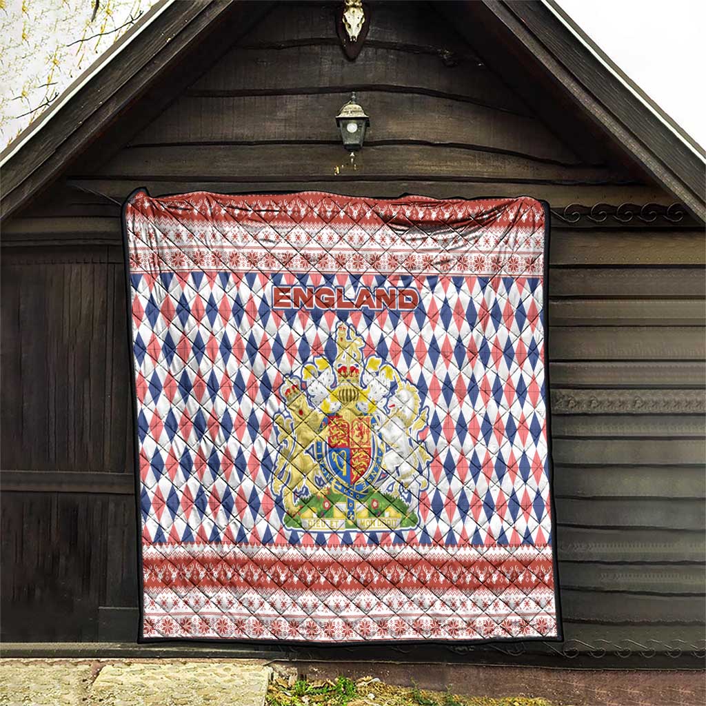 England Christmas Quilt with Red Blue White Diamond Pattern Santa and Coat of Arms - Wonder Print Shop