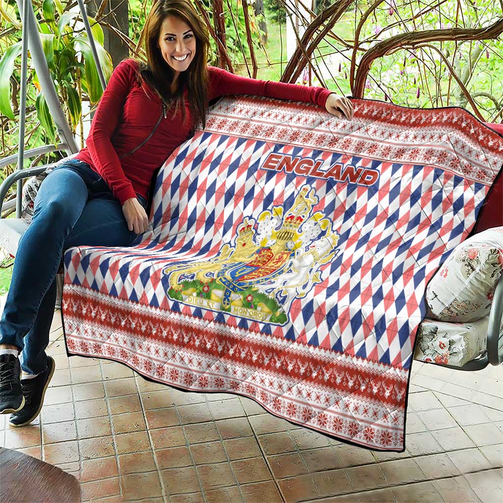 England Christmas Quilt with Red Blue White Diamond Pattern Santa and Coat of Arms - Wonder Print Shop