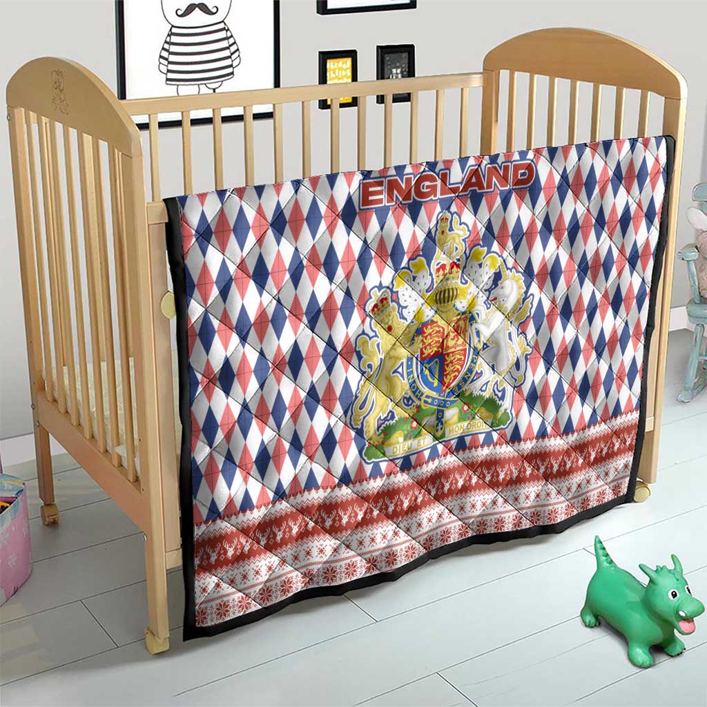 England Christmas Quilt with Red Blue White Diamond Pattern Santa and Coat of Arms - Wonder Print Shop