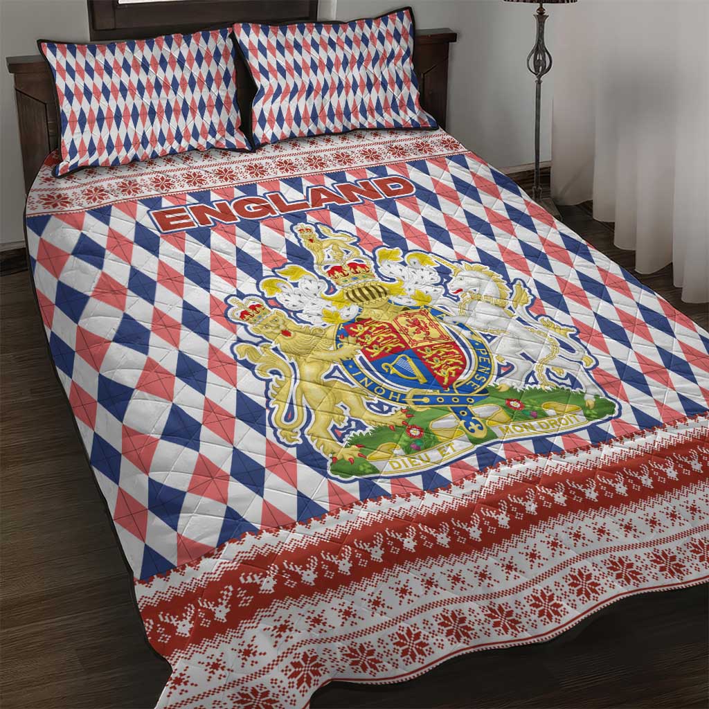 England Christmas Quilt Bed Set with Red Blue White Diamond Pattern Santa and Coat of Arms - Wonder Print Shop