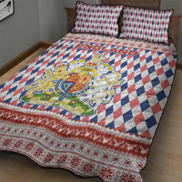 England Christmas Quilt Bed Set with Red Blue White Diamond Pattern Santa and Coat of Arms - Wonder Print Shop
