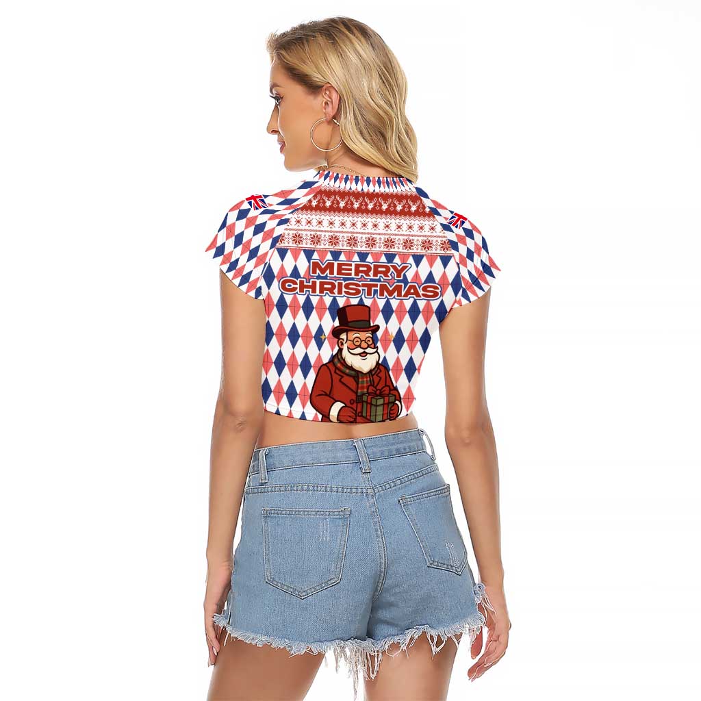 England Christmas Raglan Cropped T Shirt with Red Blue White Diamond Pattern Santa and Coat of Arms - Wonder Print Shop
