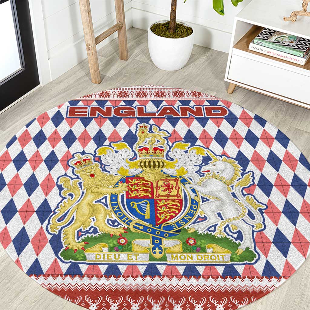 England Christmas Round Carpet with Red Blue White Diamond Pattern Santa and Coat of Arms - Wonder Print Shop