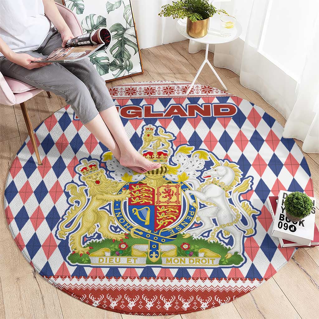 England Christmas Round Carpet with Red Blue White Diamond Pattern Santa and Coat of Arms - Wonder Print Shop