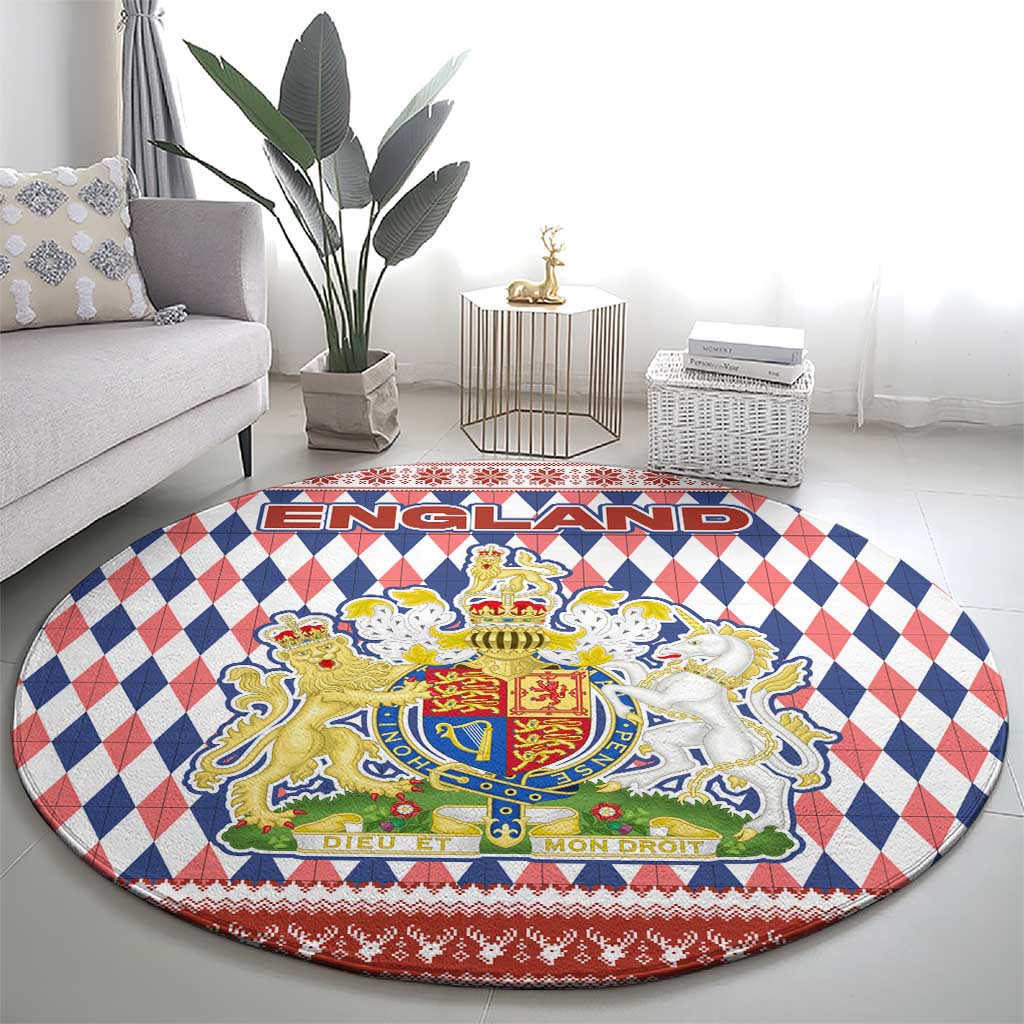 England Christmas Round Carpet with Red Blue White Diamond Pattern Santa and Coat of Arms - Wonder Print Shop