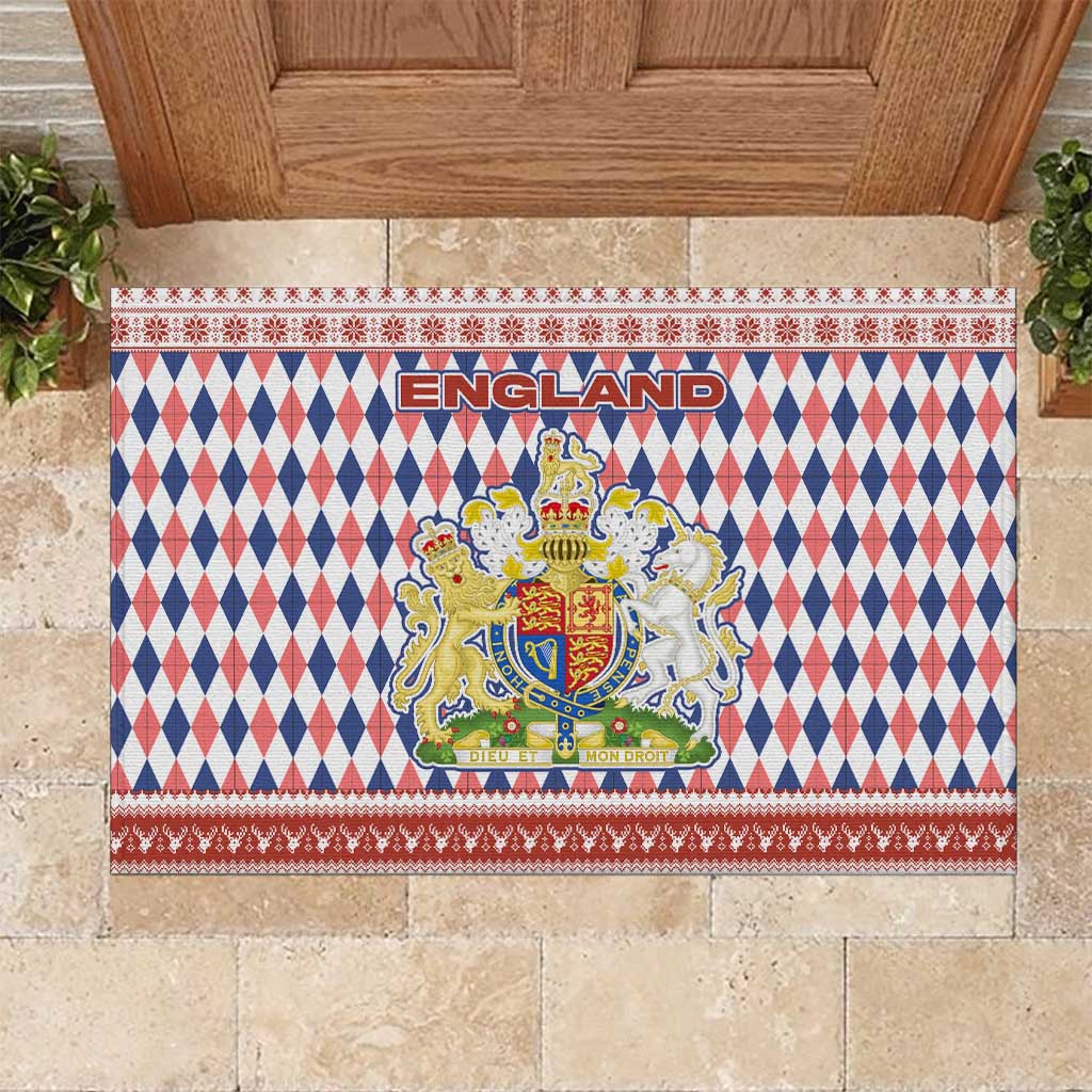 England Christmas Rubber Doormat with Red Blue White Diamond Pattern Santa and Coat of Arms - Wonder Print Shop