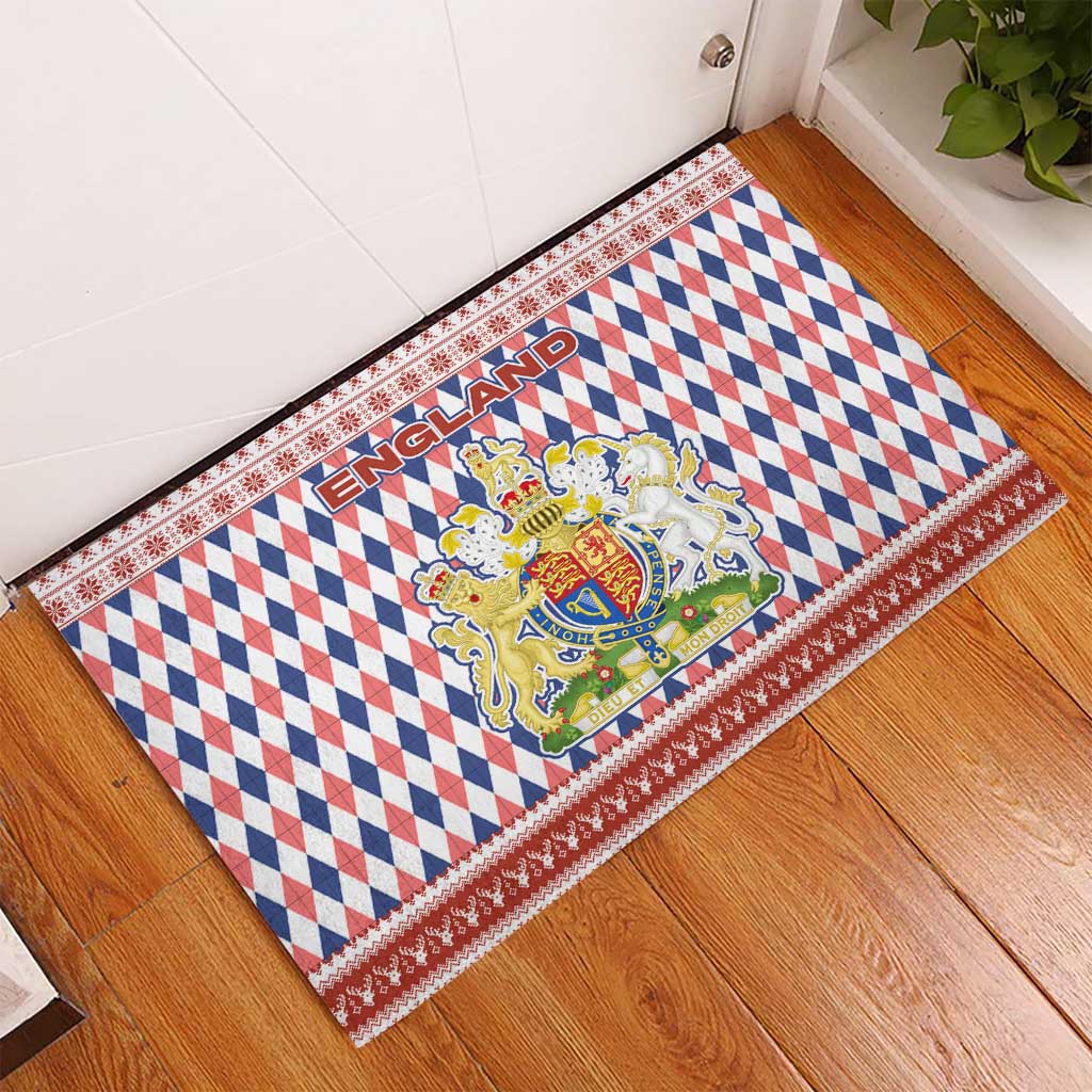 England Christmas Rubber Doormat with Red Blue White Diamond Pattern Santa and Coat of Arms - Wonder Print Shop
