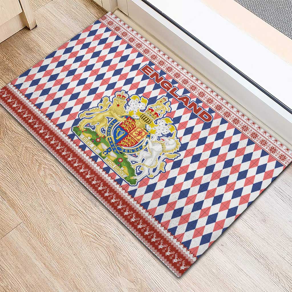 England Christmas Rubber Doormat with Red Blue White Diamond Pattern Santa and Coat of Arms - Wonder Print Shop