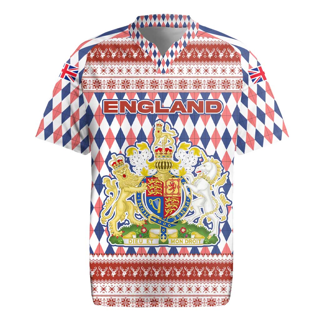 England Christmas Rugby Jersey with Red Blue White Diamond Pattern Santa and Coat of Arms - Wonder Print Shop