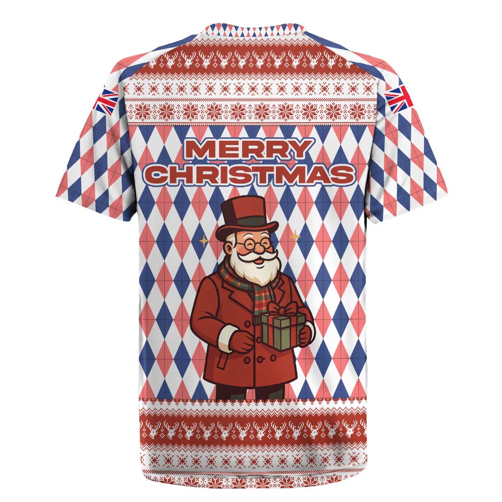 England Christmas Rugby Jersey with Red Blue White Diamond Pattern Santa and Coat of Arms - Wonder Print Shop