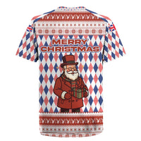 England Christmas Rugby Jersey with Red Blue White Diamond Pattern Santa and Coat of Arms - Wonder Print Shop