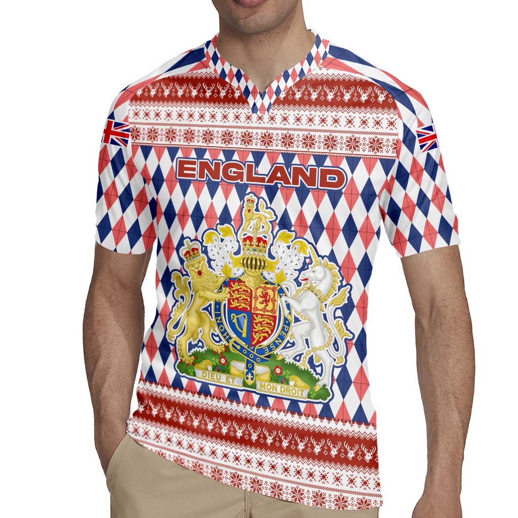 England Christmas Rugby Jersey with Red Blue White Diamond Pattern Santa and Coat of Arms - Wonder Print Shop