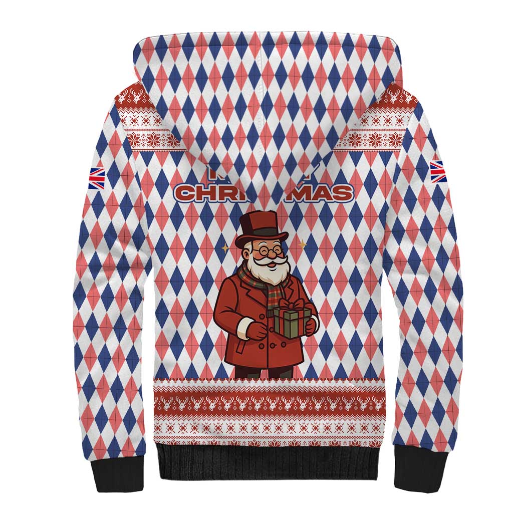 England Christmas Sherpa Hoodie with Red Blue White Diamond Pattern Santa and Coat of Arms - Wonder Print Shop