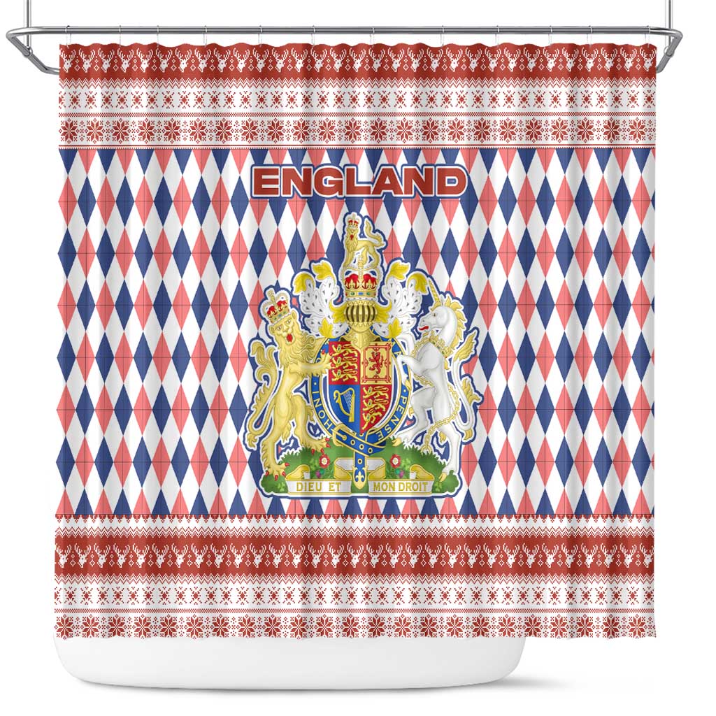 England Christmas Shower Curtain with Red Blue White Diamond Pattern Santa and Coat of Arms - Wonder Print Shop