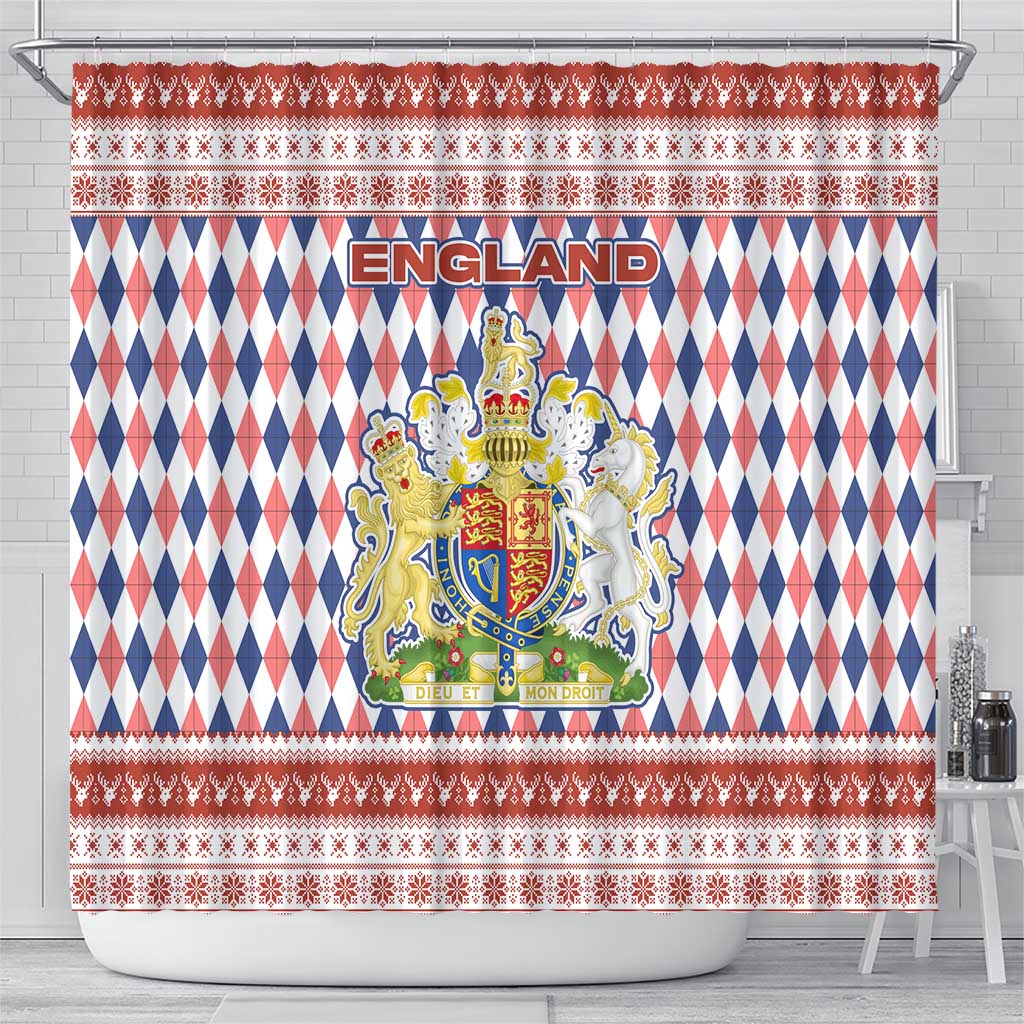 England Christmas Shower Curtain with Red Blue White Diamond Pattern Santa and Coat of Arms - Wonder Print Shop