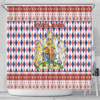 England Christmas Shower Curtain with Red Blue White Diamond Pattern Santa and Coat of Arms - Wonder Print Shop
