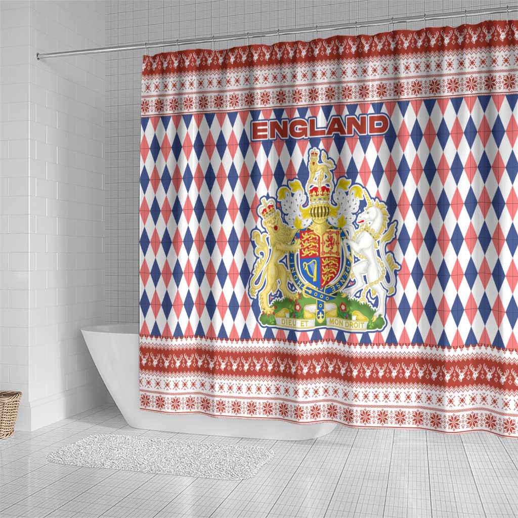 England Christmas Shower Curtain with Red Blue White Diamond Pattern Santa and Coat of Arms - Wonder Print Shop