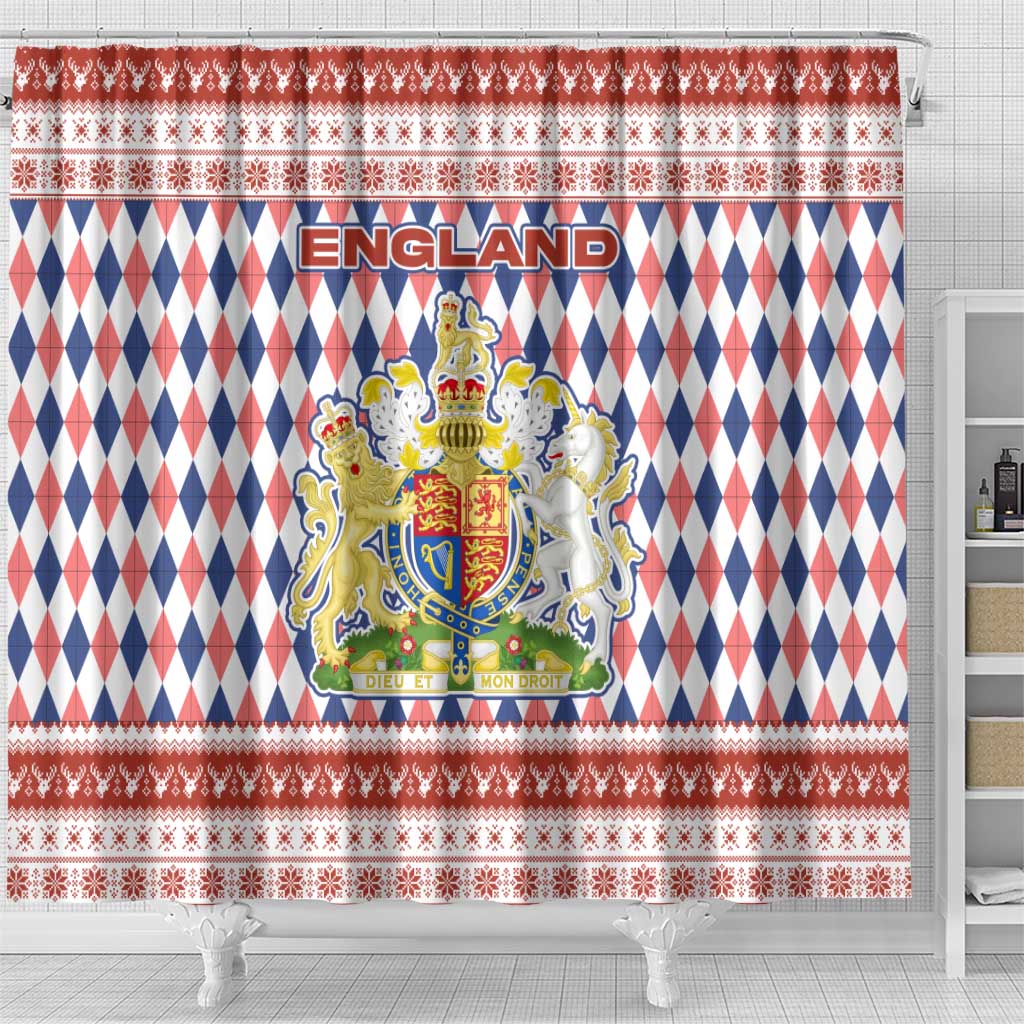 England Christmas Shower Curtain with Red Blue White Diamond Pattern Santa and Coat of Arms - Wonder Print Shop