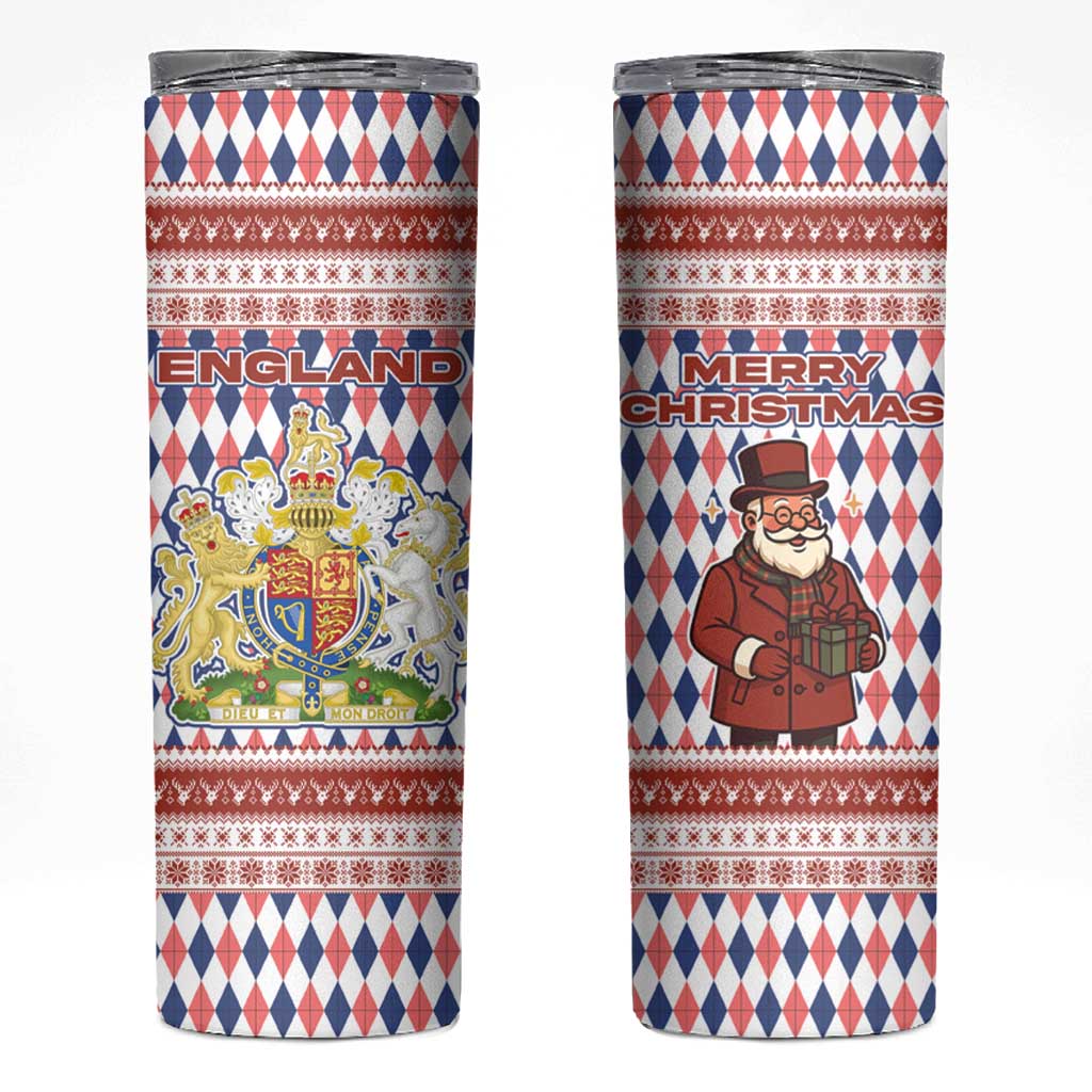 England Christmas Skinny Tumbler with Red Blue White Diamond Pattern Santa and Coat of Arms - Wonder Print Shop