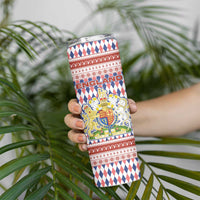 England Christmas Skinny Tumbler with Red Blue White Diamond Pattern Santa and Coat of Arms - Wonder Print Shop