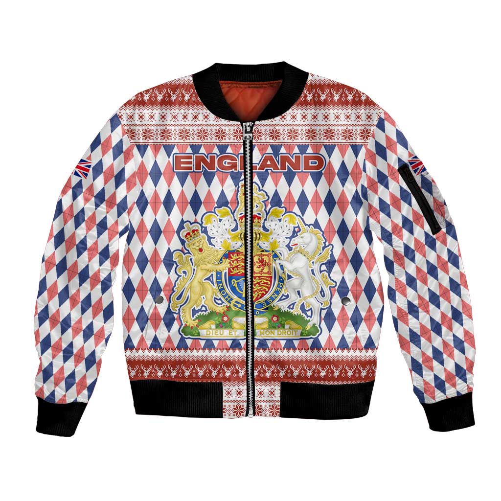 England Christmas Sleeve Zip Bomber Jacket with Red Blue White Diamond Pattern Santa and Coat of Arms - Wonder Print Shop