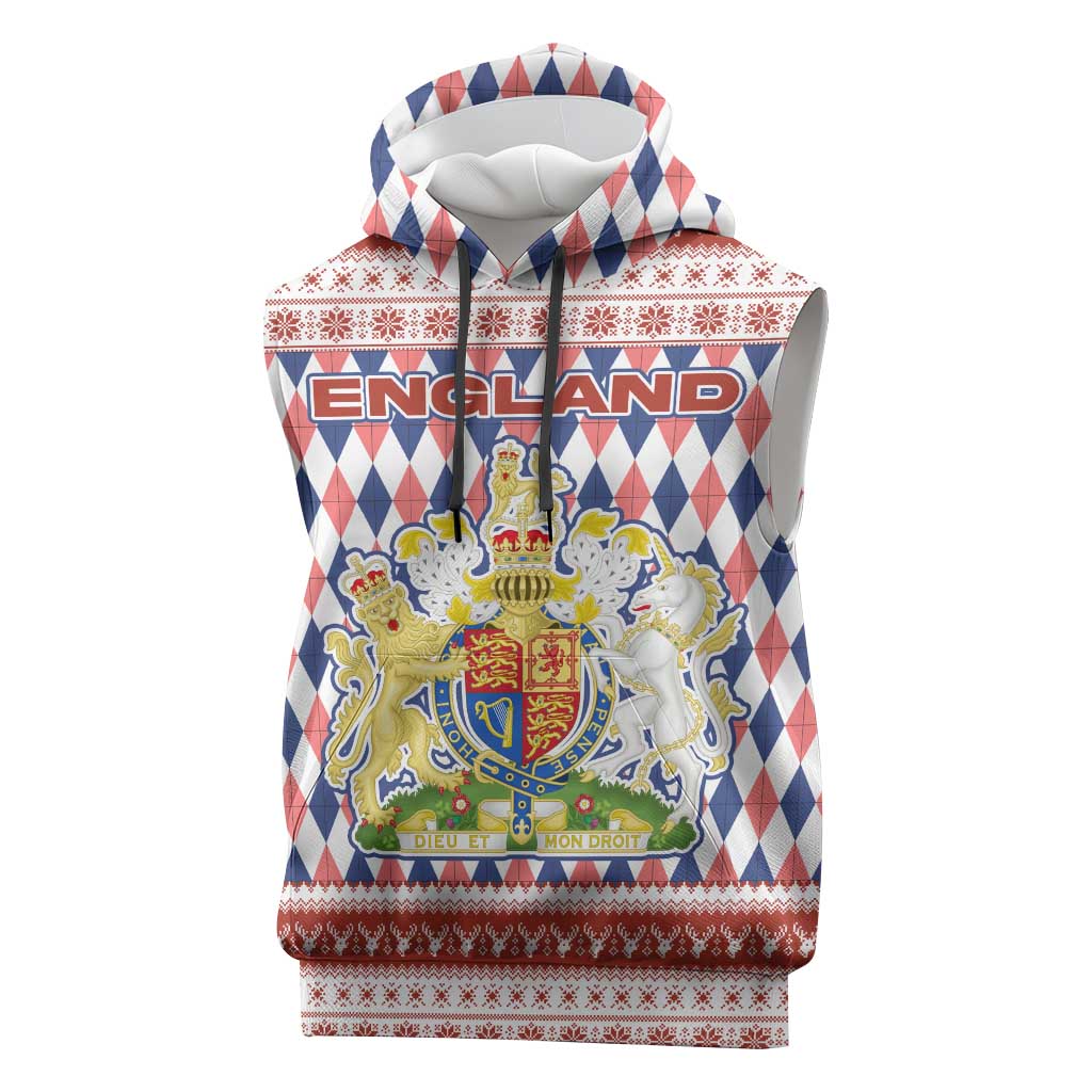 England Christmas Sleeveless Hoodie with Red Blue White Diamond Pattern Santa and Coat of Arms - Wonder Print Shop
