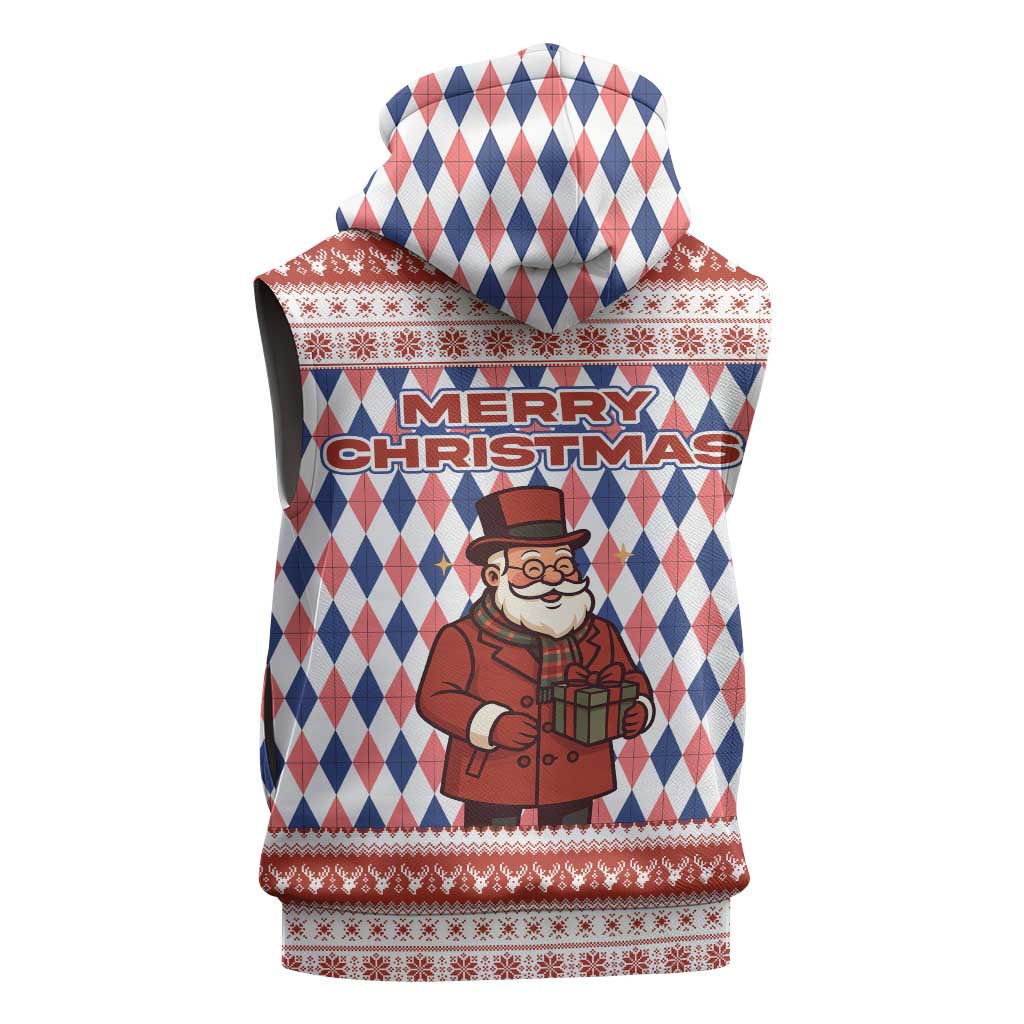 England Christmas Sleeveless Hoodie with Red Blue White Diamond Pattern Santa and Coat of Arms - Wonder Print Shop