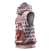 England Christmas Sleeveless Hoodie with Red Blue White Diamond Pattern Santa and Coat of Arms - Wonder Print Shop