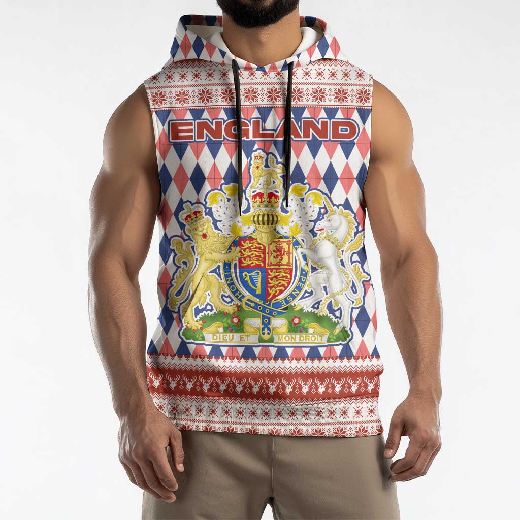England Christmas Sleeveless Hoodie with Red Blue White Diamond Pattern Santa and Coat of Arms - Wonder Print Shop