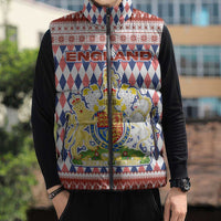England Christmas Sleeveless Puffer Jacket with Red Blue White Diamond Pattern Santa and Coat of Arms - Wonder Print Shop