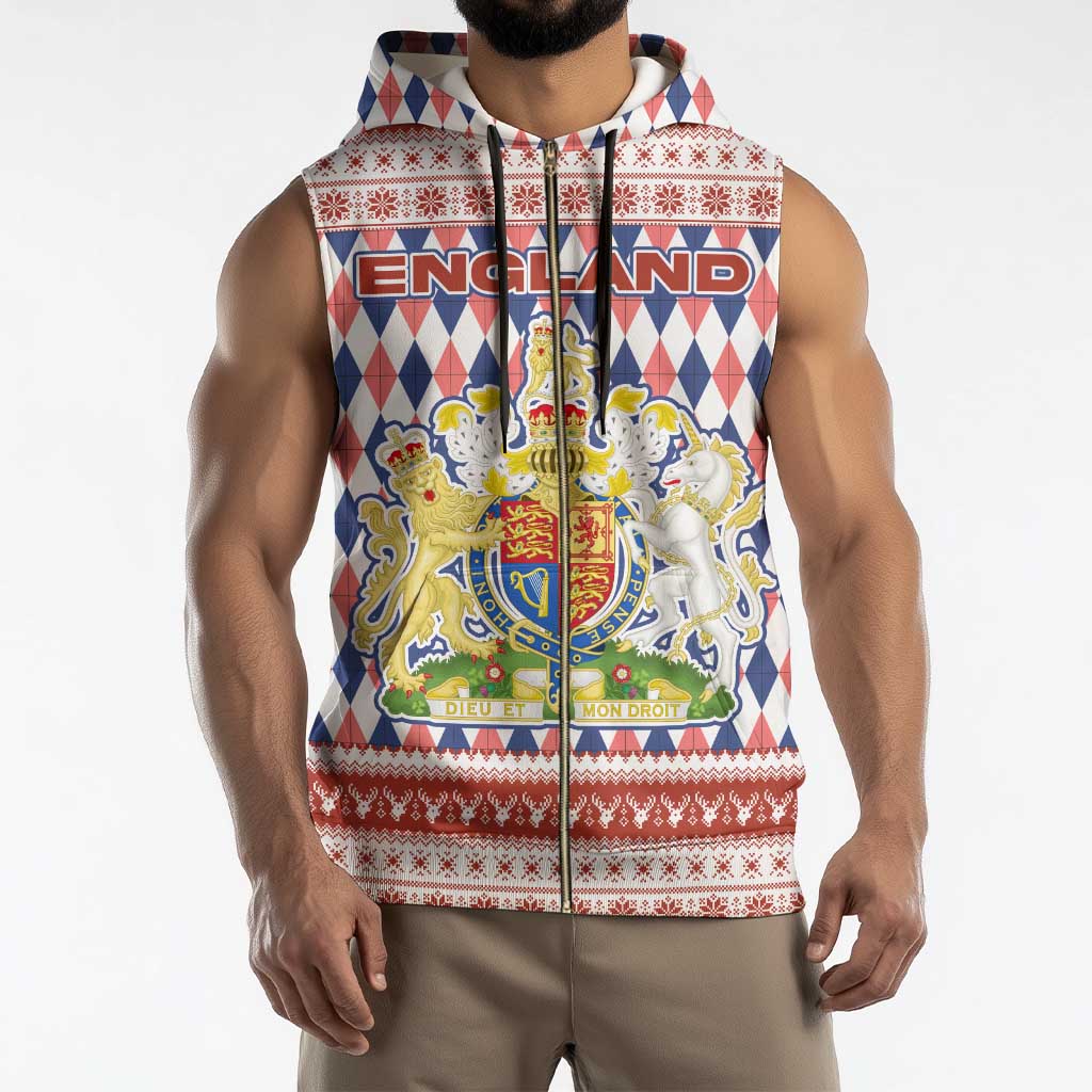 England Christmas Sleeveless Zip Hoodie with Red Blue White Diamond Pattern Santa and Coat of Arms - Wonder Print Shop