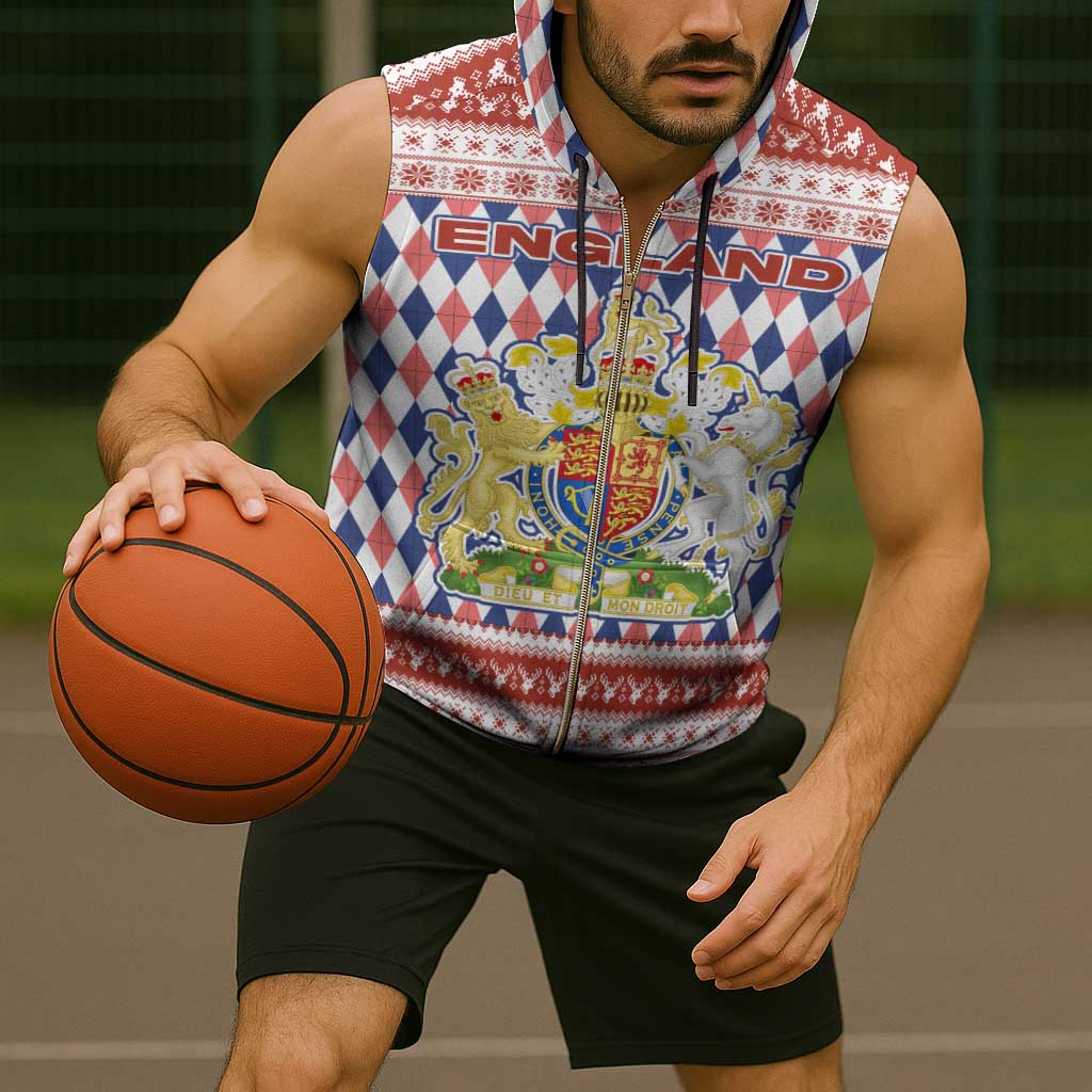 England Christmas Sleeveless Zip Hoodie with Red Blue White Diamond Pattern Santa and Coat of Arms - Wonder Print Shop
