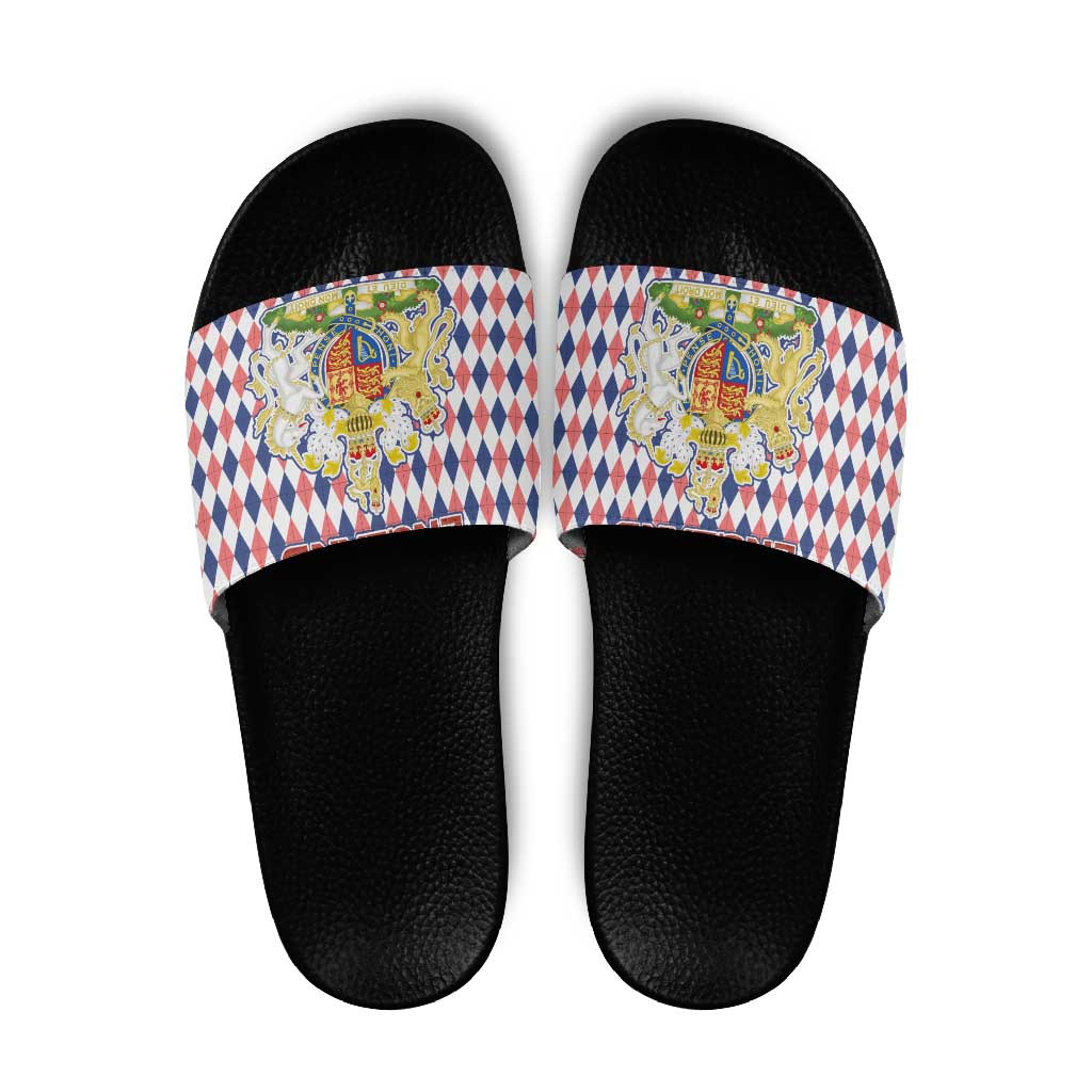 England Christmas Slide Sandals with Red Blue White Diamond Pattern Santa and Coat of Arms - Wonder Print Shop