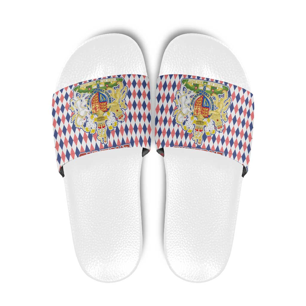England Christmas Slide Sandals with Red Blue White Diamond Pattern Santa and Coat of Arms - Wonder Print Shop