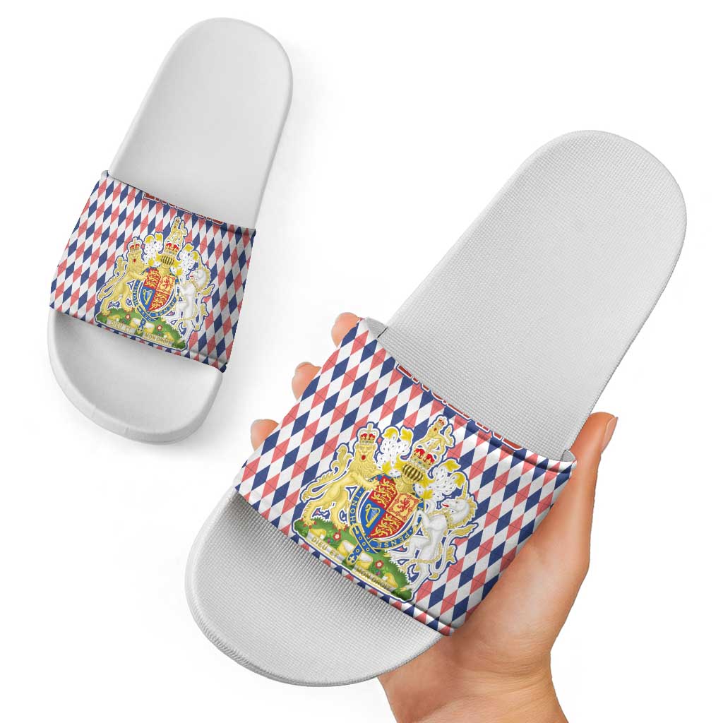 England Christmas Slide Sandals with Red Blue White Diamond Pattern Santa and Coat of Arms - Wonder Print Shop