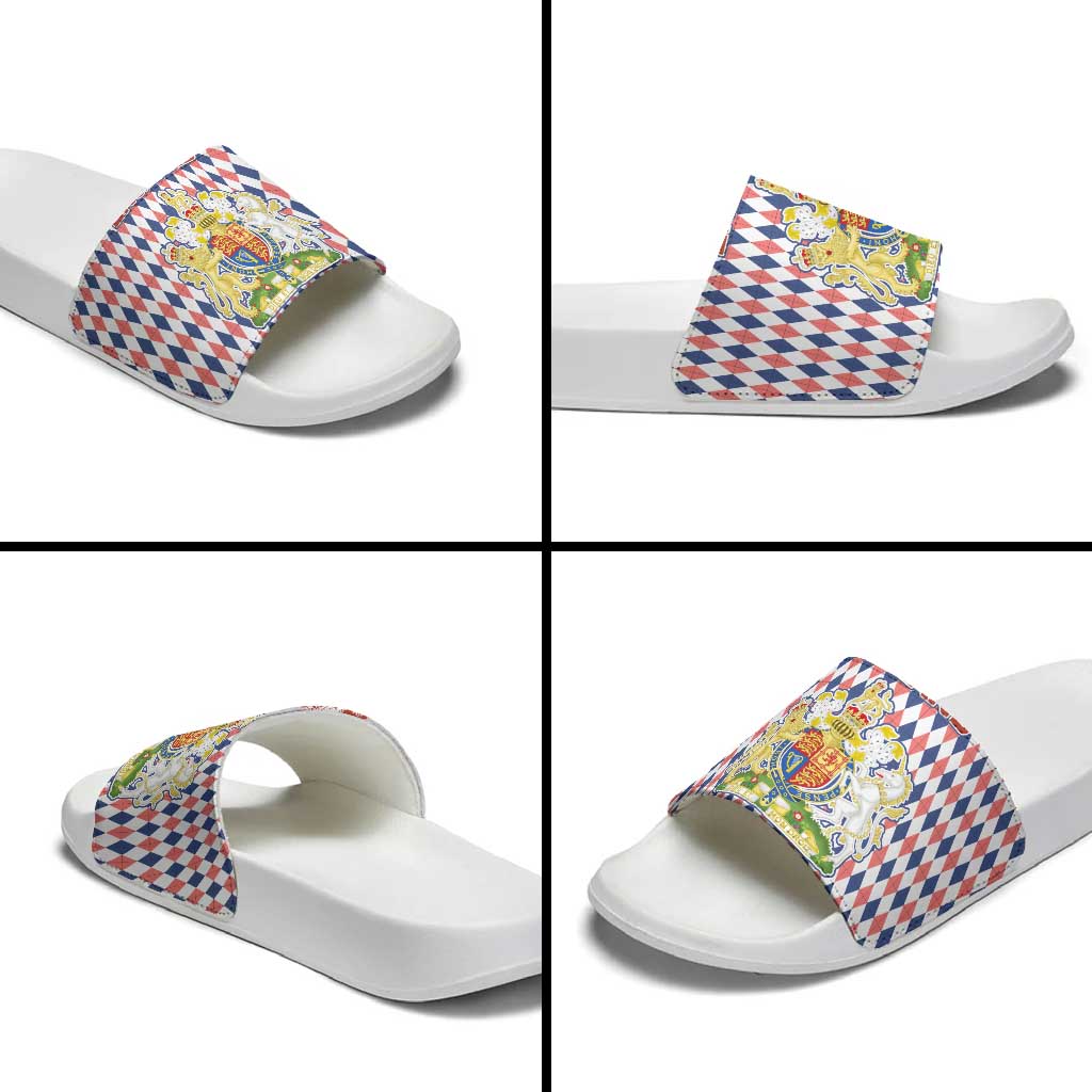 England Christmas Slide Sandals with Red Blue White Diamond Pattern Santa and Coat of Arms - Wonder Print Shop