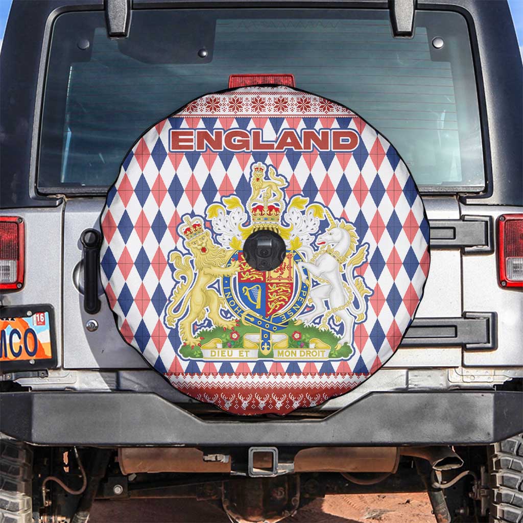 England Christmas Spare Tire Cover with Red Blue White Diamond Pattern Santa and Coat of Arms - Wonder Print Shop