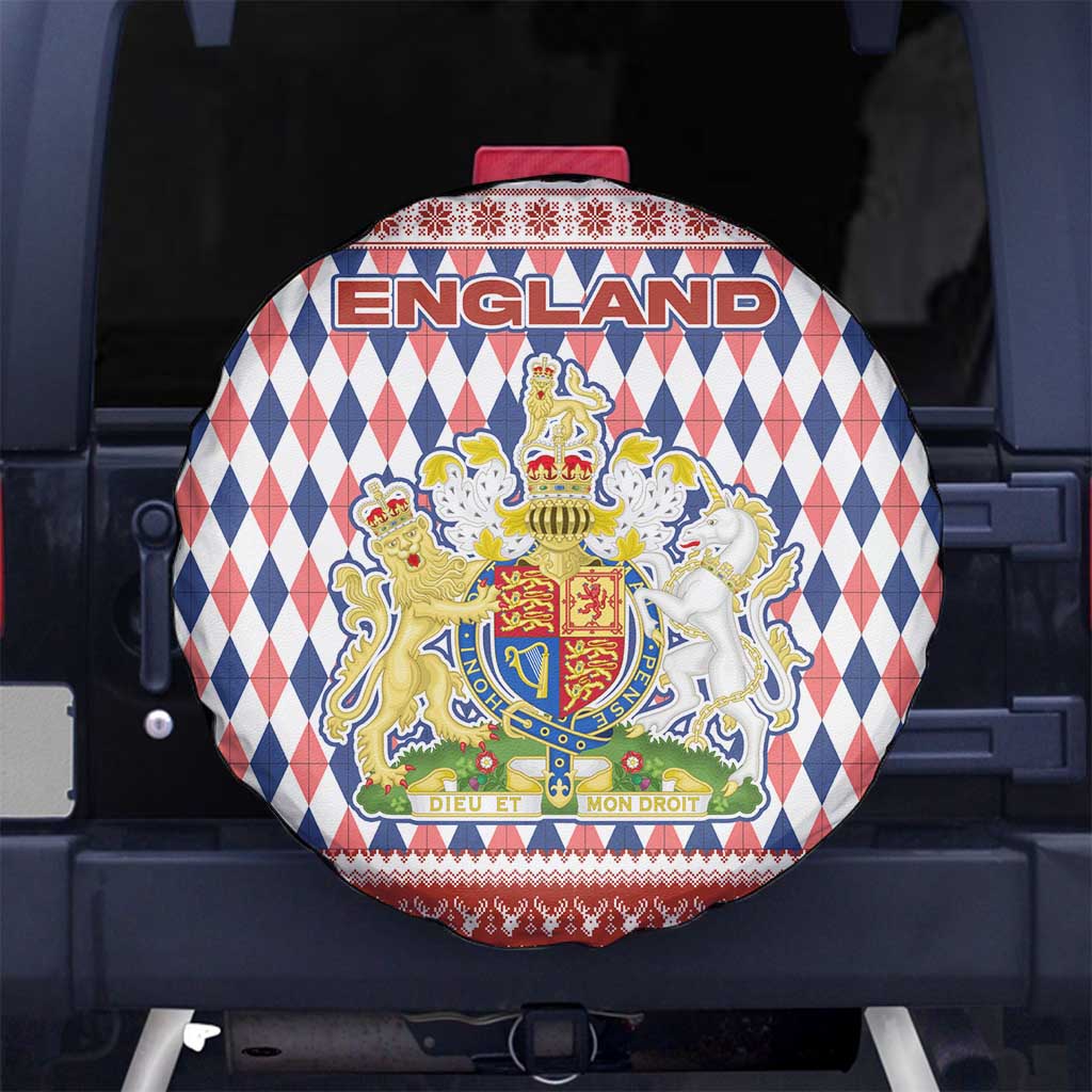England Christmas Spare Tire Cover with Red Blue White Diamond Pattern Santa and Coat of Arms - Wonder Print Shop