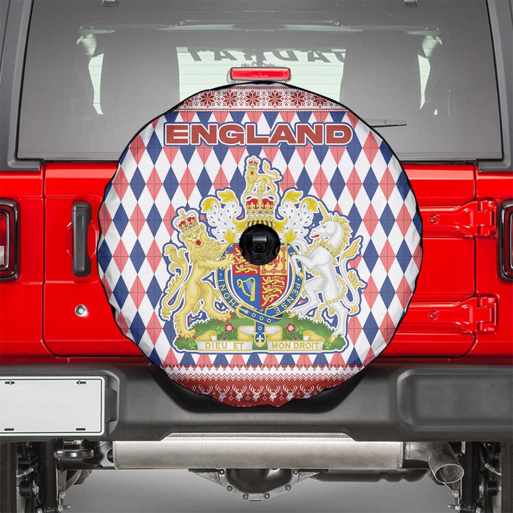 England Christmas Spare Tire Cover with Red Blue White Diamond Pattern Santa and Coat of Arms - Wonder Print Shop