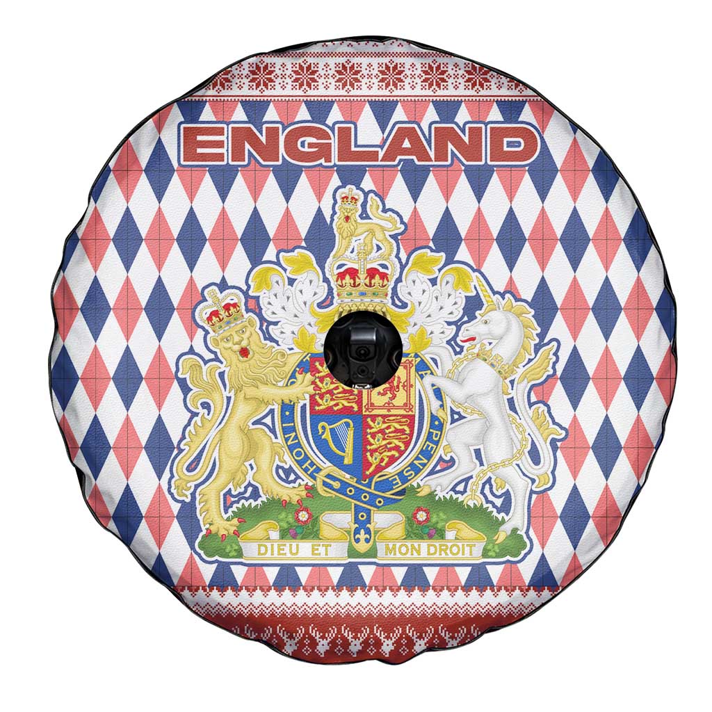 England Christmas Spare Tire Cover with Red Blue White Diamond Pattern Santa and Coat of Arms - Wonder Print Shop
