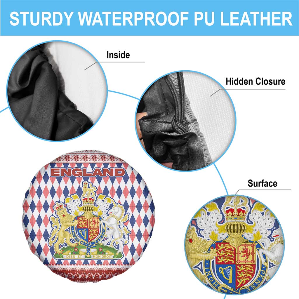 England Christmas Spare Tire Cover with Red Blue White Diamond Pattern Santa and Coat of Arms - Wonder Print Shop